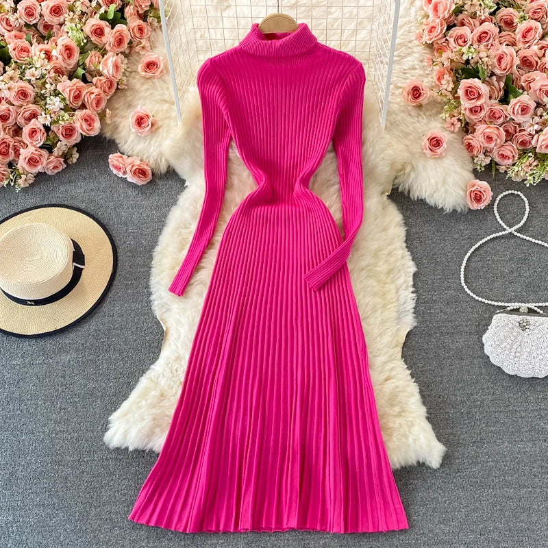 LVSANW REALEFT Autumn Winter Turtleneck Women's Knitted Dresses 2025 New Long Sleeve Solid Casual  A-Line Pleated Dresses Female