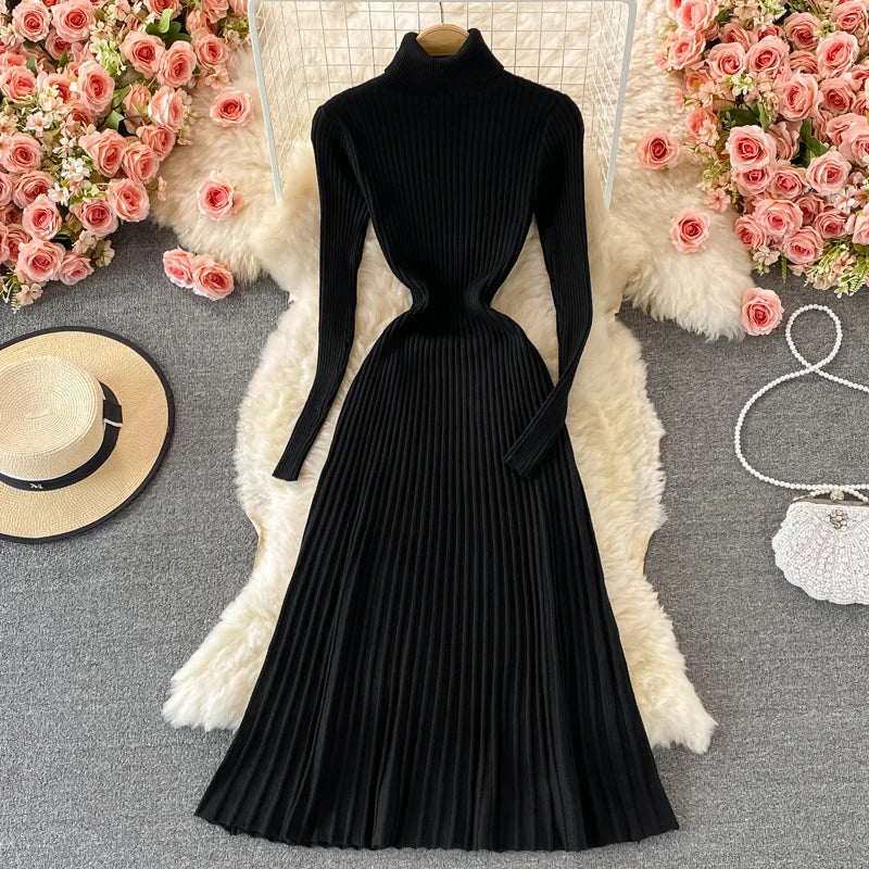 LVSANW REALEFT Autumn Winter Turtleneck Women's Knitted Dresses 2025 New Long Sleeve Solid Casual  A-Line Pleated Dresses Female