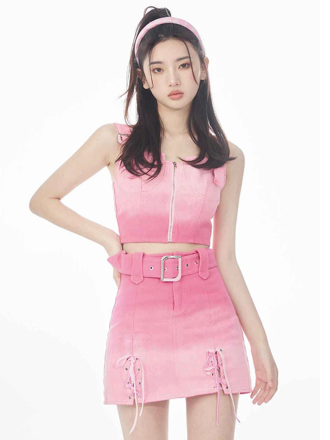 LVSANW REDDACHiC Hot Pink Barbiegirl Denim Suit Cupped Sleeveless Tube Top & Lace-up Bandage Mini Skirt Buckled Belt Y2k Streetwear