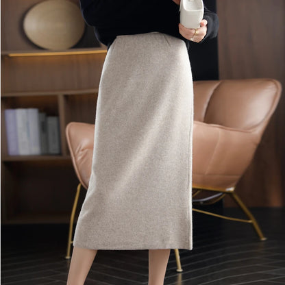 LVSANW RONGYI 100%Wool Skirt 2024 Autumn Winter Mid-length Skirt Women High Waisted Cashmere High End Thick A-Line Knit Wild Base Skirt