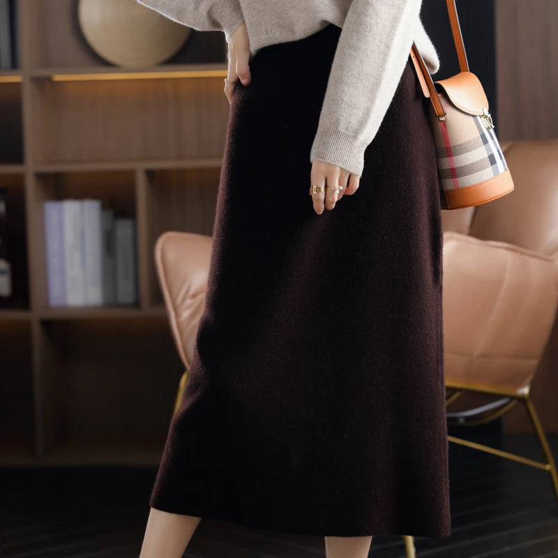 LVSANW RONGYI 100%Wool Skirt 2024 Autumn Winter Mid-length Skirt Women High Waisted Cashmere High End Thick A-Line Knit Wild Base Skirt