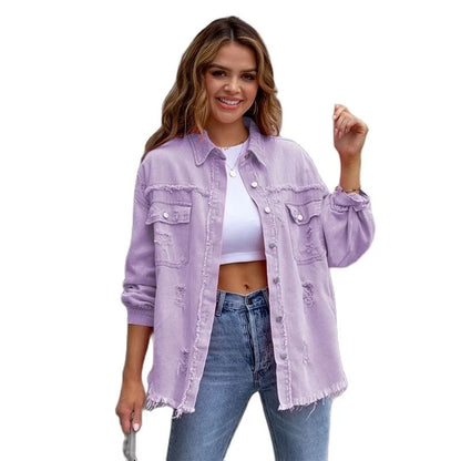 LVSANW Ragged Torn Denim Lapel Jacket Women Autumn Winter Short Fashion Jacket  Pockets Blazer Solid Standard Overcoat Loose Streetwear