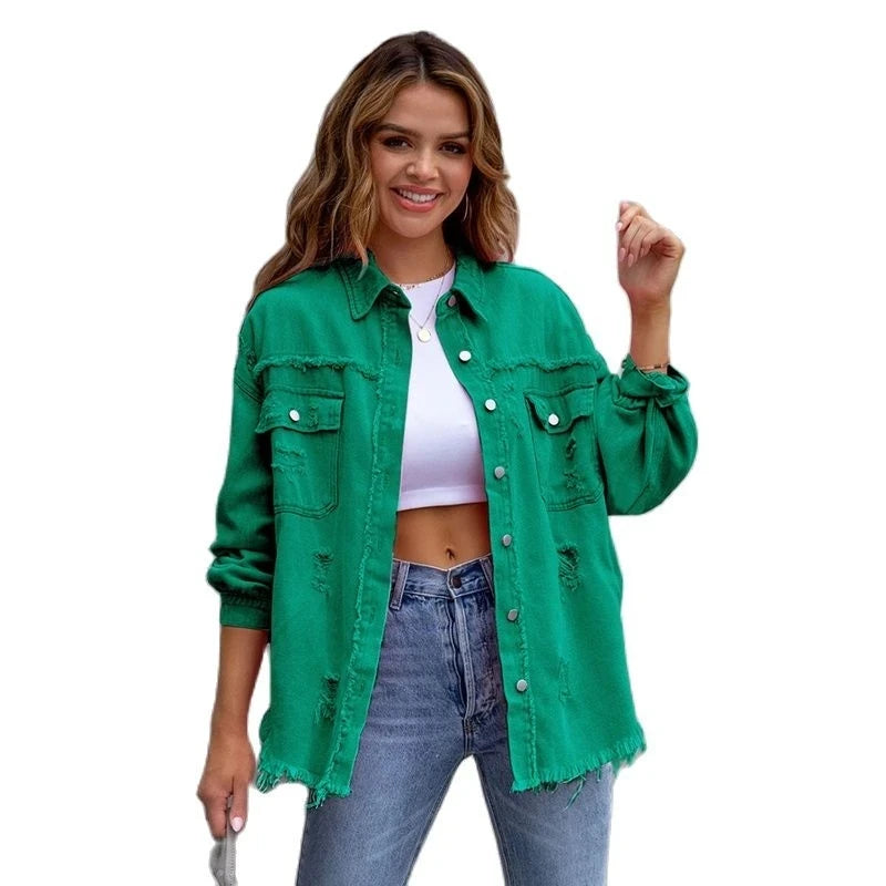 LVSANW Ragged Torn Denim Lapel Jacket Women Autumn Winter Short Fashion Jacket  Pockets Blazer Solid Standard Overcoat Loose Streetwear