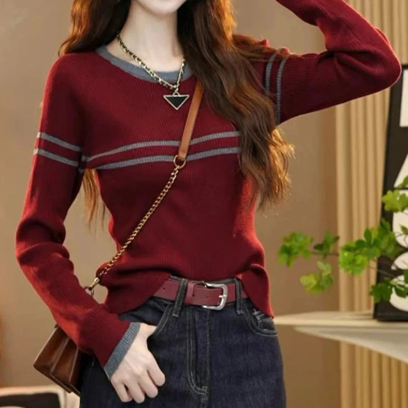 LVSANW Red Casual Elegant O-Neck Long Sleeve Knitted Pullover Top Women's Striped Slim Knitwear Gray Ladies' Basic Versatile Sweater