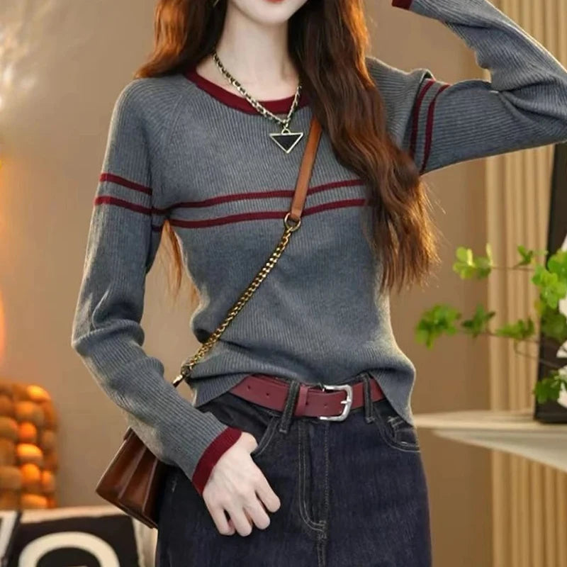 LVSANW Red Casual Elegant O-Neck Long Sleeve Knitted Pullover Top Women's Striped Slim Knitwear Gray Ladies' Basic Versatile Sweater