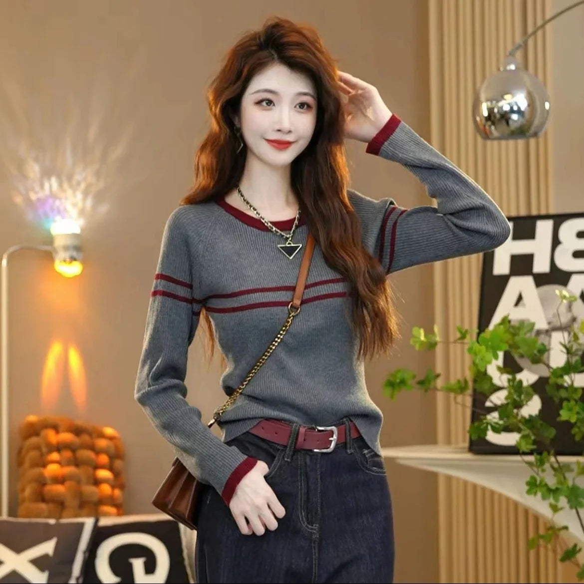 LVSANW Red Casual Elegant O-Neck Long Sleeve Knitted Pullover Top Women's Striped Slim Knitwear Gray Ladies' Basic Versatile Sweater