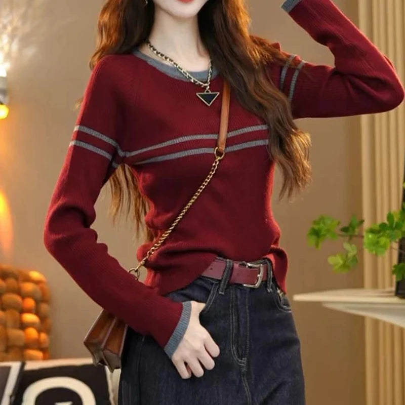 LVSANW Red Casual Elegant O-Neck Long Sleeve Knitted Pullover Top Women's Striped Slim Knitwear Gray Ladies' Basic Versatile Sweater