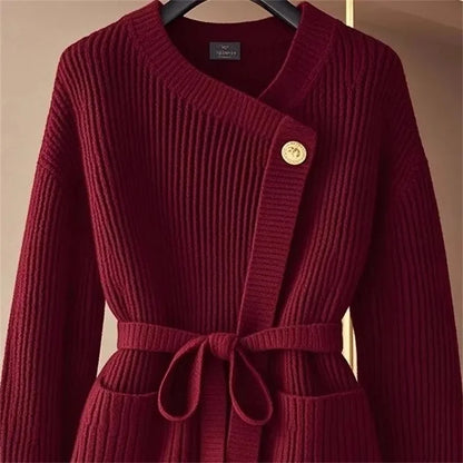 LVSANW Red Fashion Knitted Cardigan Sweater Small Fragrant Women Spring Autumn Coat Top Temperament Belt Knitwear Femal 2025 NEW