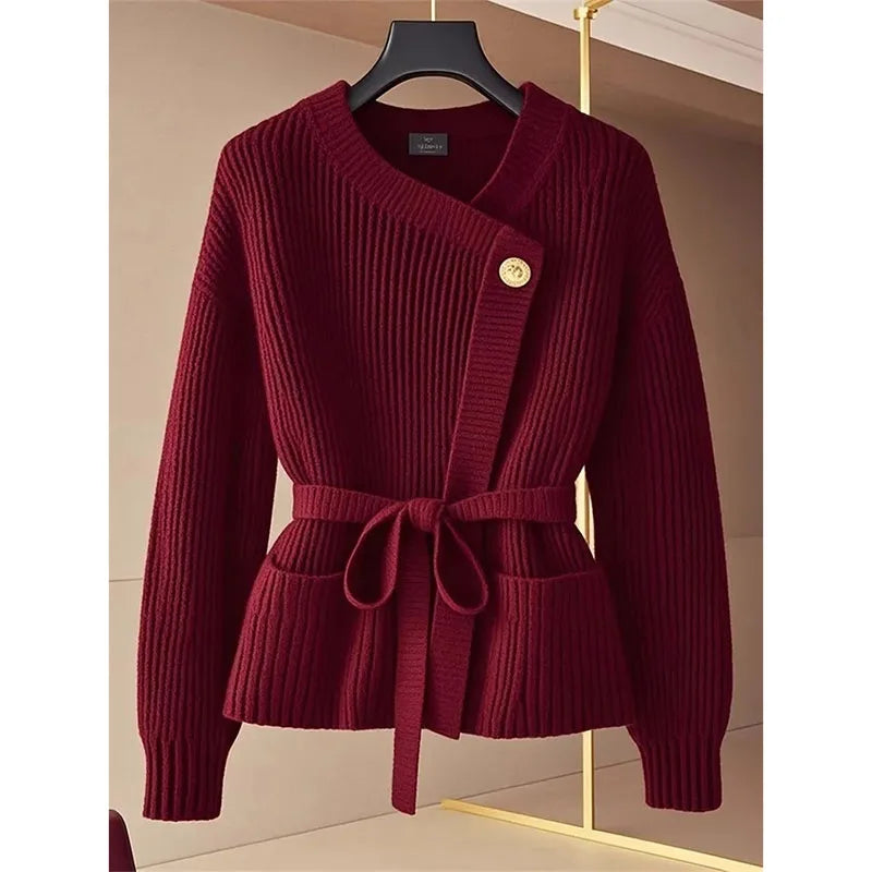 LVSANW Red Fashion Knitted Cardigan Sweater Small Fragrant Women Spring Autumn Coat Top Temperament Belt Knitwear Femal 2025 NEW