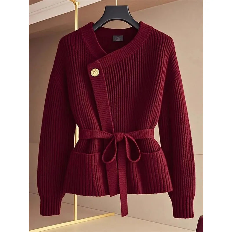 LVSANW Red Fashion Knitted Cardigan Sweater Small Fragrant Women Spring Autumn Coat Top Temperament Belt Knitwear Femal 2025 NEW