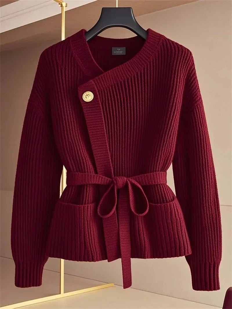 LVSANW Red Fashion Knitted Cardigan Sweater Small Fragrant Women Spring Autumn Coat Top Temperament Belt Knitwear Femal 2025 NEW