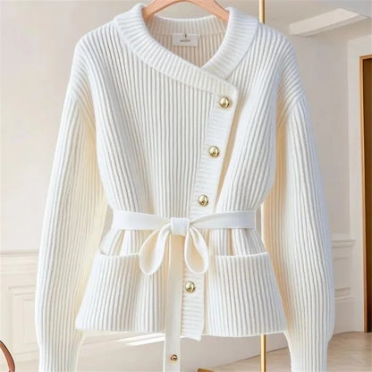 LVSANW Red Fashion Knitted Cardigan Sweater Small Fragrant Women Spring Autumn Coat Top Temperament Belt Knitwear Femal 2025 NEW