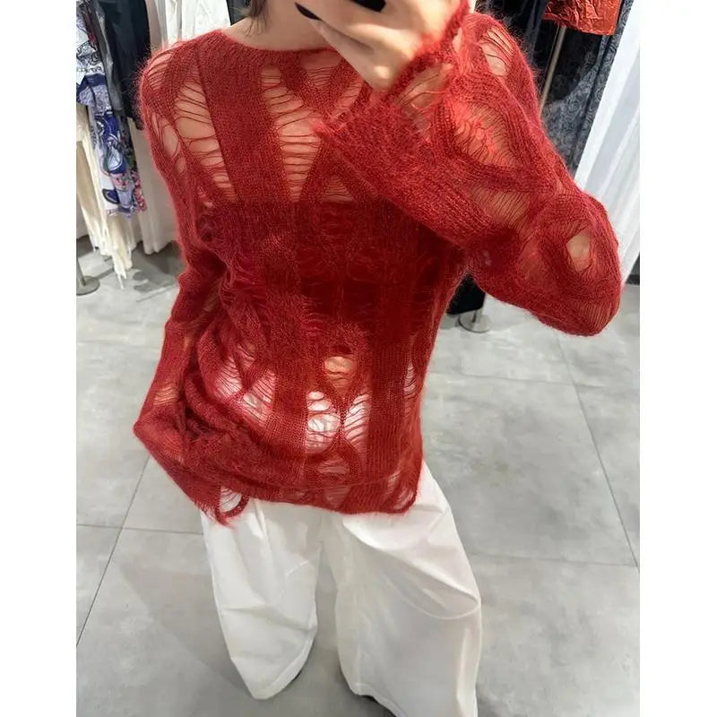 LVSANW Red Hollowed Out Knitted Top Spring and Autumn New Style Versatile for Spicy Girls Knitted Sweater Sweater Inner Outfit