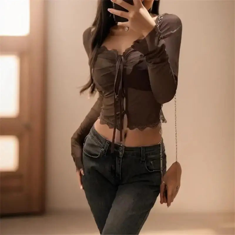 LVSANW Red Sexy Lace Top Summer Blouse Thin Mesh Perspective Long Sleeve Shirts for Women Crop Tops