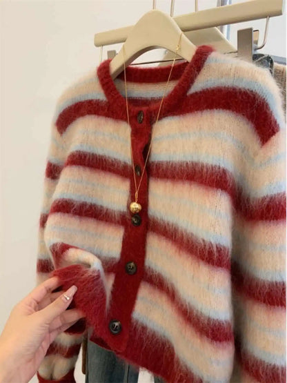 LVSANW Red Striped Knitted Sweater For Women Autumn Winter Long Sleeved Thicked Warm Cardigan Outerwear Ladies O-Neck Loose Knitwear