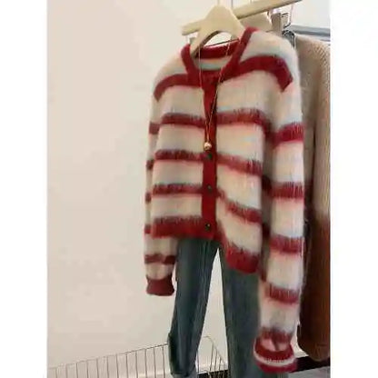 LVSANW Red Striped Knitted Sweater For Women Autumn Winter Long Sleeved Thicked Warm Cardigan Outerwear Ladies O-Neck Loose Knitwear