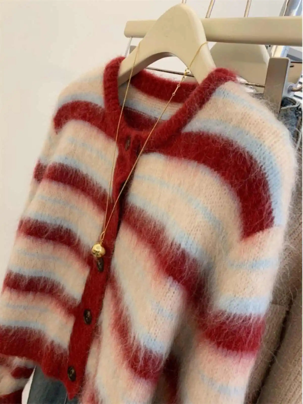 LVSANW Red Striped Knitted Sweater For Women Autumn Winter Long Sleeved Thicked Warm Cardigan Outerwear Ladies O-Neck Loose Knitwear