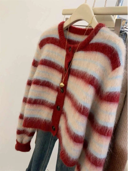 LVSANW Red Striped Knitted Sweater For Women Autumn Winter Long Sleeved Thicked Warm Cardigan Outerwear Ladies O-Neck Loose Knitwear