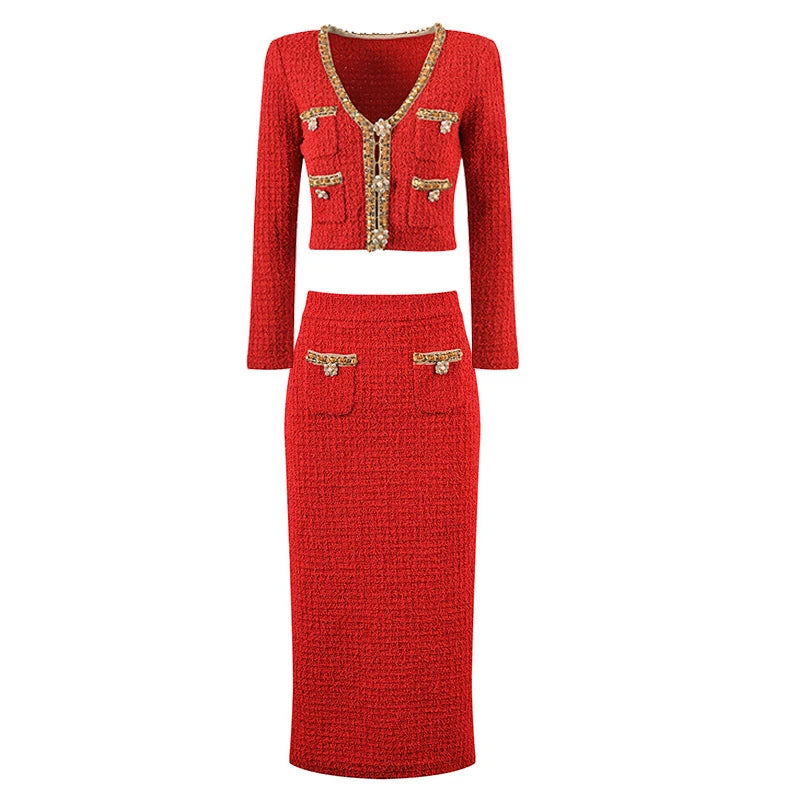 LVSANW Red short top + long skirt knitted suit socialite light luxury nail beaded V-neck coat 2025 spring/autumn women's new 2 sets