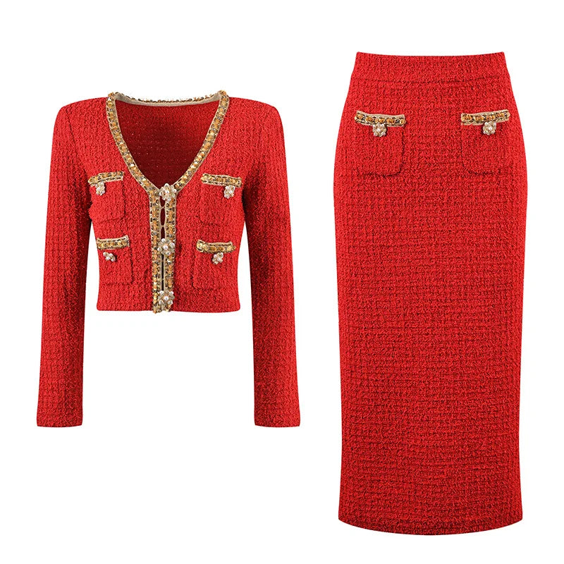 LVSANW Red short top + long skirt knitted suit socialite light luxury nail beaded V-neck coat 2025 spring/autumn women's new 2 sets