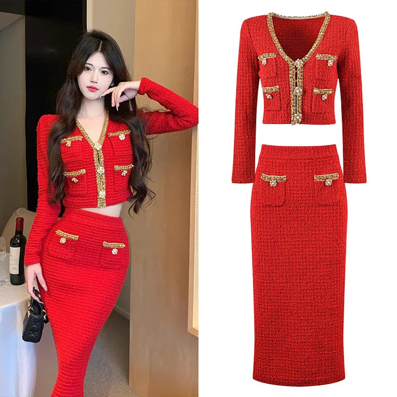 LVSANW Red short top + long skirt knitted suit socialite light luxury nail beaded V-neck coat 2025 spring/autumn women's new 2 sets