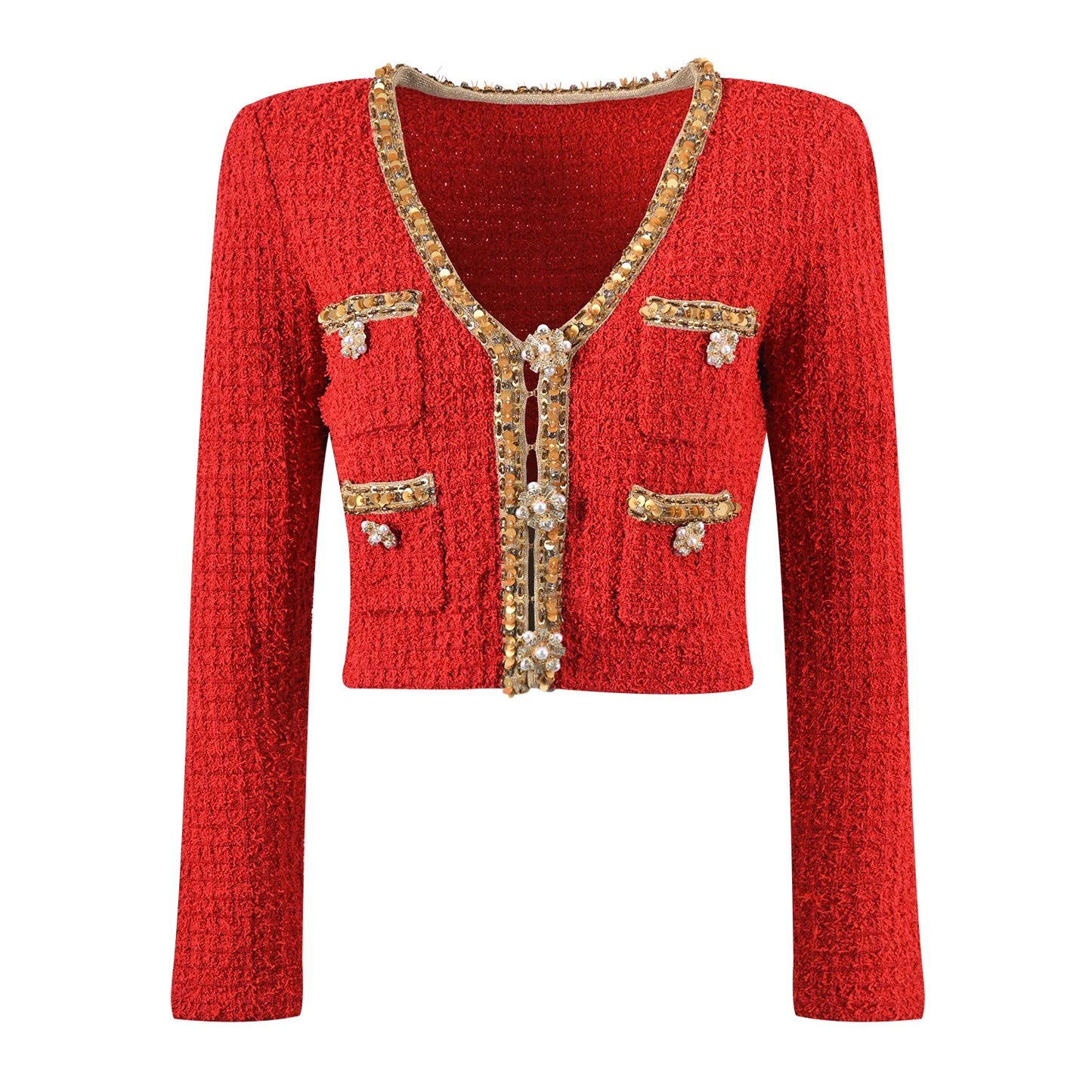 LVSANW Red short top + long skirt knitted suit socialite light luxury nail beaded V-neck coat 2025 spring/autumn women's new 2 sets