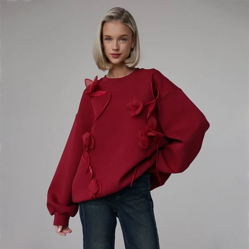 LVSANW Retro 3D Flower Women's Pullover Casual O Neck Full Sleeve Loose Tops Female 2025 Spring New Chic Lady High Street Outerwears