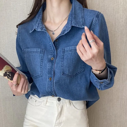 LVSANW Retro Blue Shirt Denim Shirt for Women Autumn 2024 New Design Shirts Long Sleeved Solid Single Breasted Jeans Jacket for Women