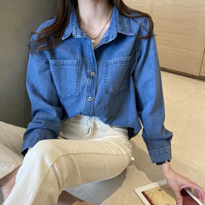 LVSANW Retro Blue Shirt Denim Shirt for Women Autumn 2024 New Design Shirts Long Sleeved Solid Single Breasted Jeans Jacket for Women