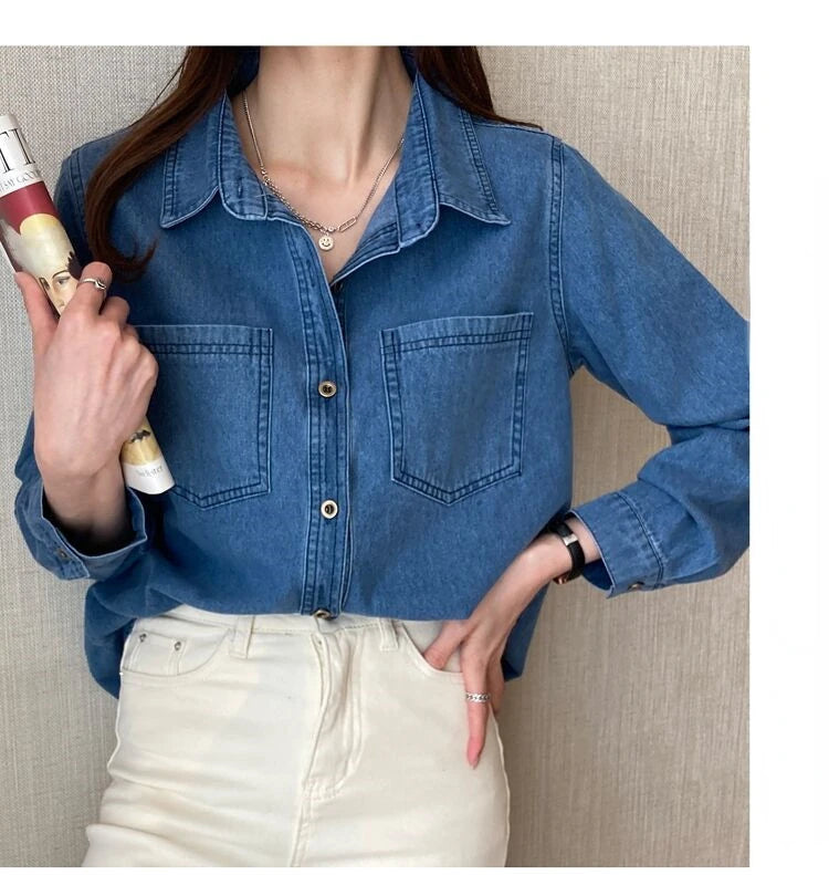 LVSANW Retro Blue Shirt Denim Shirt for Women Autumn 2024 New Design Shirts Long Sleeved Solid Single Breasted Jeans Jacket for Women