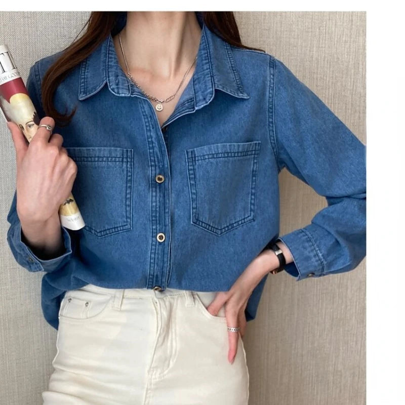 LVSANW Retro Blue Shirt Denim Shirt for Women Autumn 2024 New Design Shirts Long Sleeved Solid Single Breasted Jeans Jacket for Women