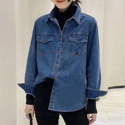 LVSANW Retro Blue Shirt Denim Shirt for Women Autumn 2024 New Design Shirts Long Sleeved Solid Single Breasted Jeans Jacket for Women