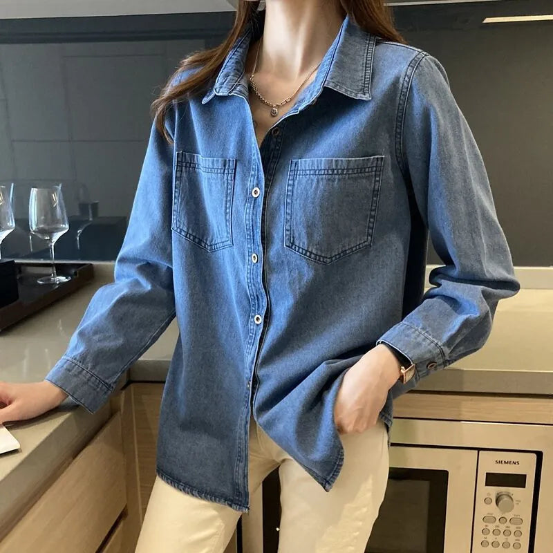 LVSANW Retro Blue Shirt Denim Shirt for Women Autumn 2024 New Design Shirts Long Sleeved Solid Single Breasted Jeans Jacket for Women