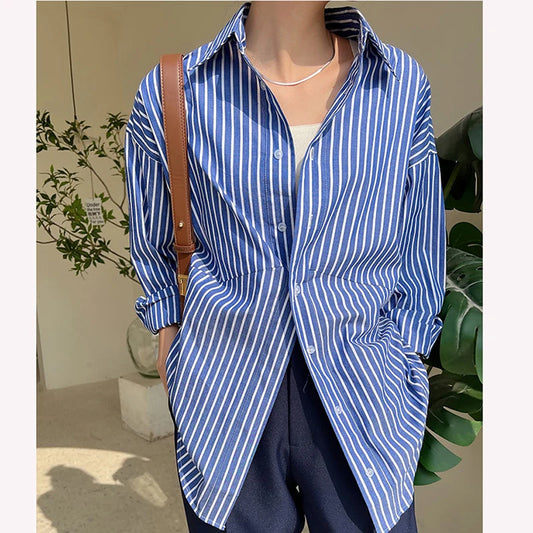 LVSANW Retro Blue Stripe Women Shirts Korean Loose Button Office Female Blouse Autumn Preppy Style All Match Ladies Casual Tops