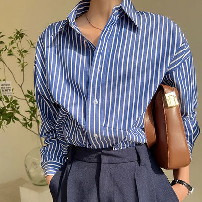 LVSANW Retro Blue Stripe Women Shirts Korean Loose Button Office Female Blouse Autumn Preppy Style All Match Ladies Casual Tops