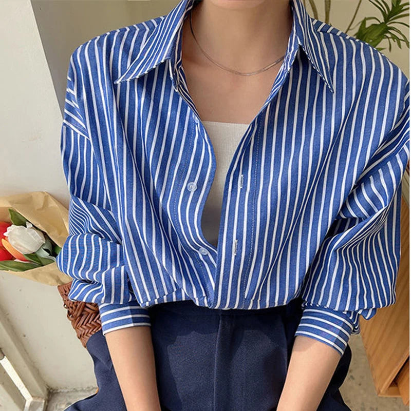 LVSANW Retro Blue Stripe Women Shirts Korean Loose Button Office Female Blouse Autumn Preppy Style All Match Ladies Casual Tops