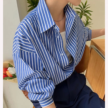 LVSANW Retro Blue Stripe Women Shirts Korean Loose Button Office Female Blouse Autumn Preppy Style All Match Ladies Casual Tops