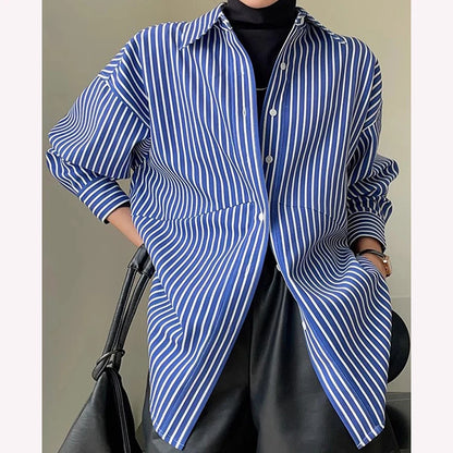 LVSANW Retro Blue Stripe Women Shirts Korean Loose Button Office Female Blouse Autumn Preppy Style All Match Ladies Casual Tops