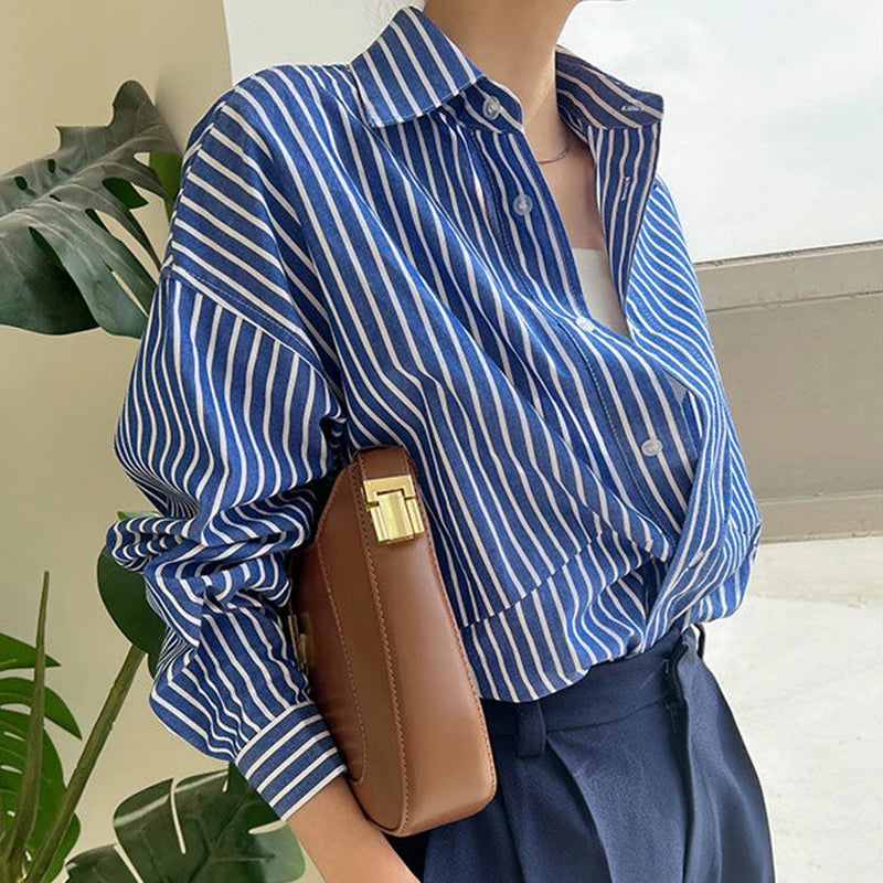 LVSANW Retro Blue Stripe Women Shirts Korean Loose Button Office Female Blouse Autumn Preppy Style All Match Ladies Casual Tops