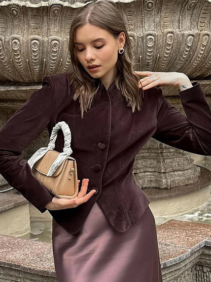 LVSANW Retro Burgundy Red Jacket Women Stand Collar Button Slim Long Sleeve Jackets 2024 Fall Winter Fashion Lady High Street Outerwear