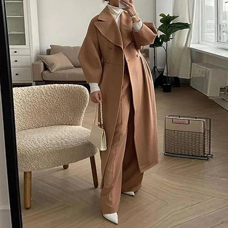 LVSANW Retro Court Style Lantern Sleeve Woolen Long Coat Elegant French Windcoat Autumn Winter Double-breasted Solid For Women  Clothes