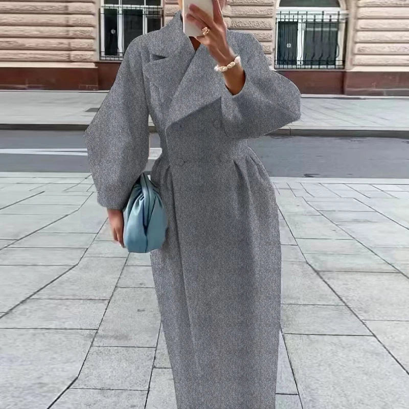 LVSANW Retro Court Style Lantern Sleeve Woolen Long Coat Elegant French Windcoat Autumn Winter Double-breasted Solid For Women  Clothes