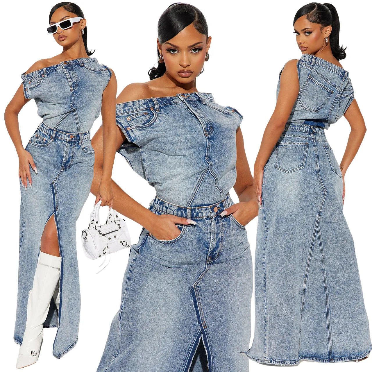 LVSANW Retro Denim Skirt Suit Two Piece Sets Women Summer Sleeveless Top High Waist Long Skirt Split End Ladies Street Wear Clothes