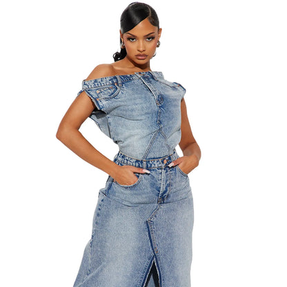 LVSANW Retro Denim Skirt Suit Two Piece Sets Women Summer Sleeveless Top High Waist Long Skirt Split End Ladies Street Wear Clothes