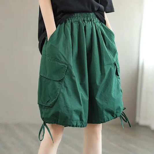 LVSANW Retro Drawstring Women's 2024 Summer New Patchwork Elasticized High-waisted Pocket Fashion Solid Casual Loose Wide Leg Shorts