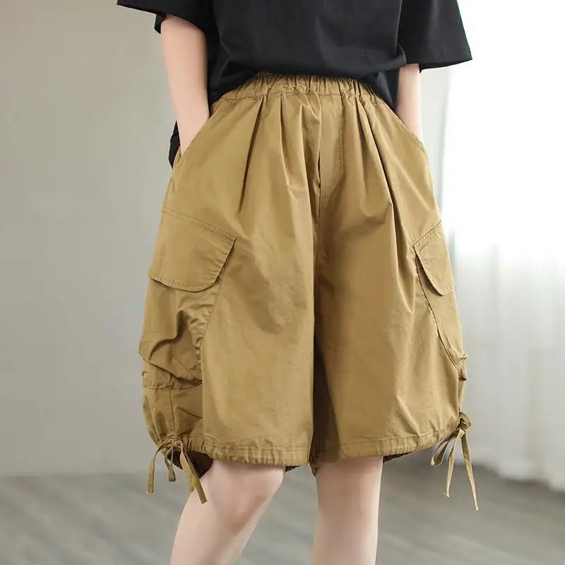 LVSANW Retro Drawstring Women's 2024 Summer New Patchwork Elasticized High-waisted Pocket Fashion Solid Casual Loose Wide Leg Shorts