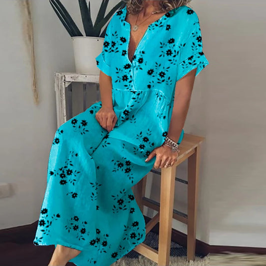 LVSANW Retro Fashion Cotton Linen Beach Dress 2024 Women V-Neck Loose Vocation Dress Elegant Floral Print Buttoned Oversize Long Dress