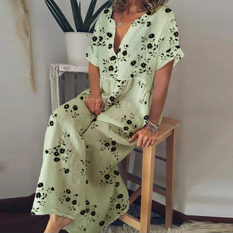 LVSANW Retro Fashion Cotton Linen Beach Dress 2024 Women V-Neck Loose Vocation Dress Elegant Floral Print Buttoned Oversize Long Dress