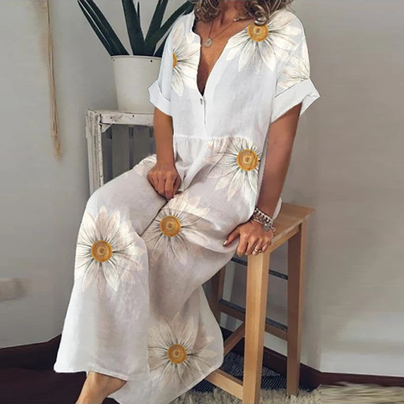 LVSANW Retro Fashion Cotton Linen Beach Dress 2024 Women V-Neck Loose Vocation Dress Elegant Floral Print Buttoned Oversize Long Dress