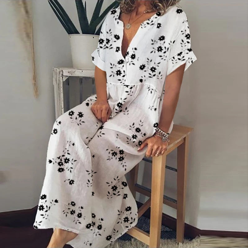 LVSANW Retro Fashion Cotton Linen Beach Dress 2024 Women V-Neck Loose Vocation Dress Elegant Floral Print Buttoned Oversize Long Dress